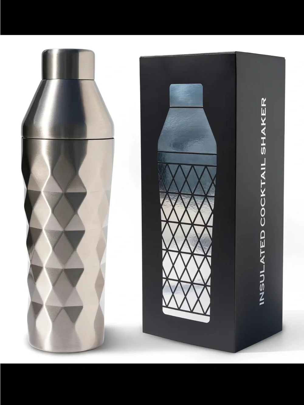 Insulated Silver Cocktail Shaker - Modern Diamond Texture